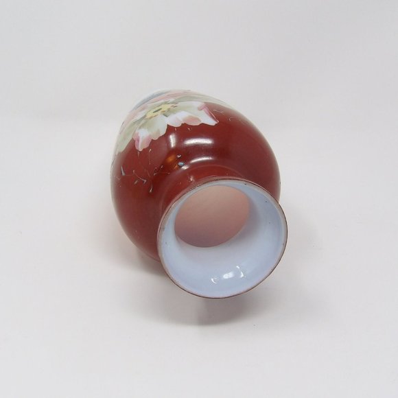 Antique Hand Painted Bristol Glass Vase Red Burgundy Umber with White Flower 9" - Picture 9 of 10